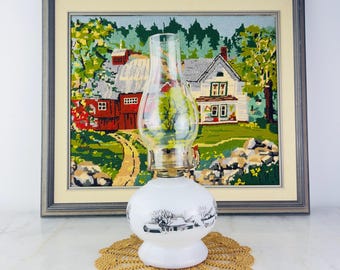 Vintage 1950s Currier and Ives Hurricane Oil Lamp with Country Farm Scene, white glass, black pattern, clear glass shade, vintage home decor