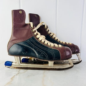 Vintage 1950s Bauer Silver Arrow Hockey Skates, Black Leather, Brown leather, two tone, Size 10, Made in Canada, mancave decor, gift