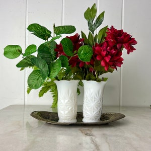 Vintage Hazel Atlas Milk Glass Vase set of 2, Star Burst Design, Tulip Shape Scalloped Rim, circa 1960, for flowers, decor, collection, gift
