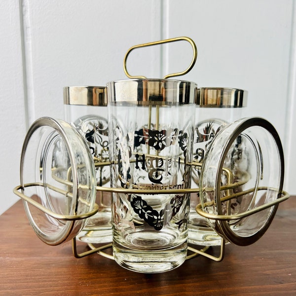 Vintage Queen's Lustreware Anniversary Glasses and Coasters Set Chrome Caddy, silvered heart, mid century modern, Dorothy Thorpe style, gift