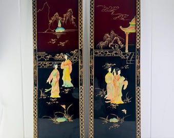 Vintage Black Lacquer Mother of Pearl Asian Shibayama Panels, Geishas, Pagoda, hand painted, Mid century wall decor, vintage home