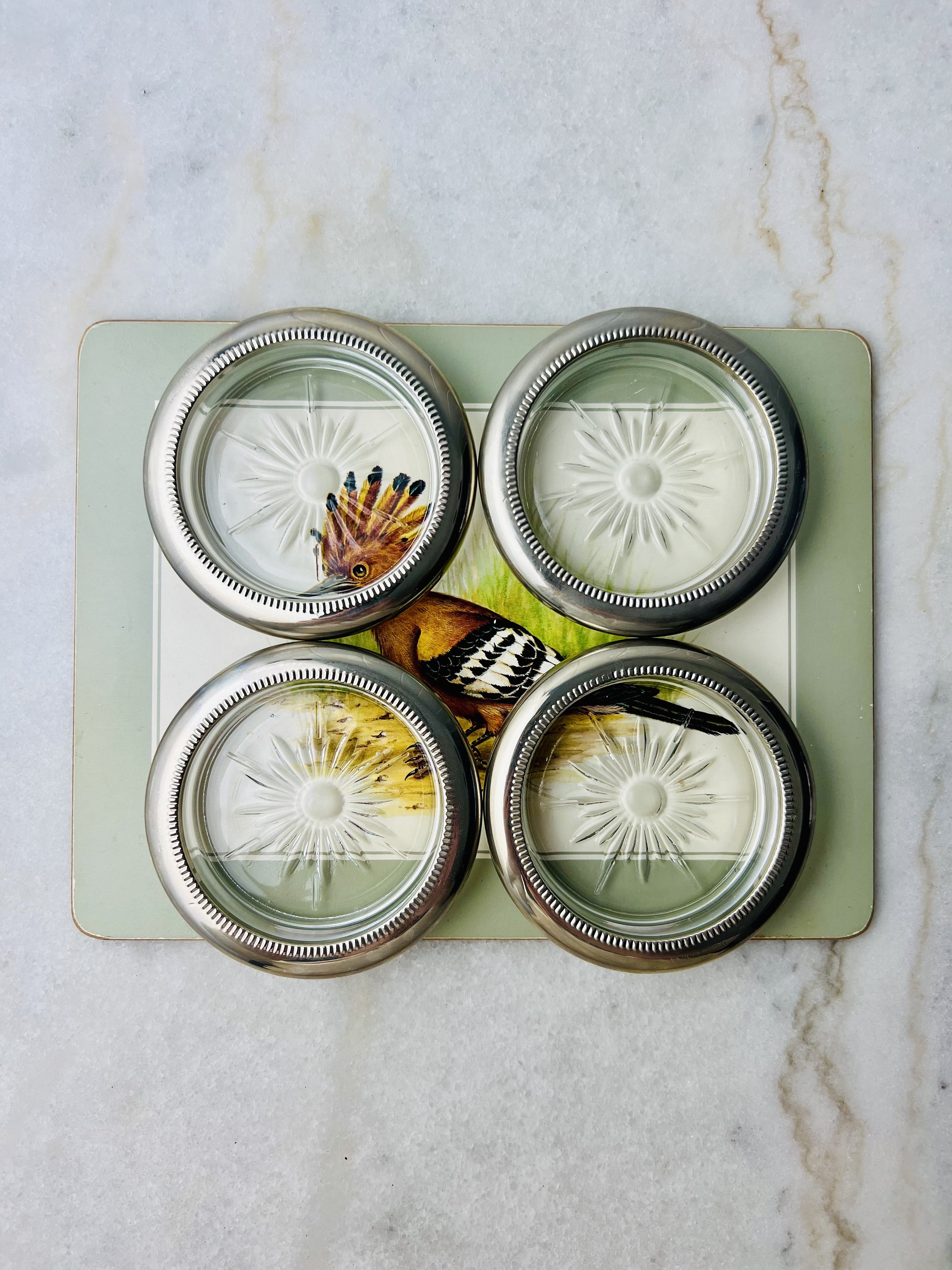 特価品セ Coasters, Glass Silverplate Vintage Set Italy in Made 4, of 工芸品