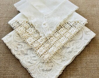 Vintage Wedding Handkerchiefs Set of 3, hand made, ivory colour, lace edge hankie, cotton + linen + netting, for bride bridesmaids, gift