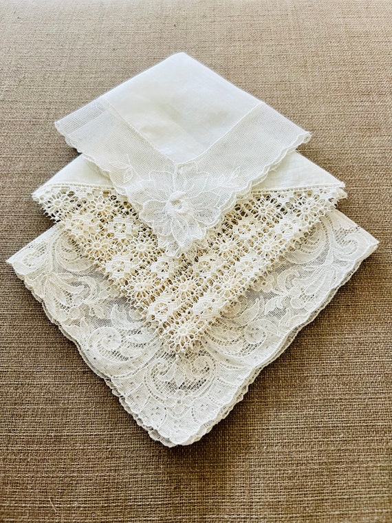 Vintage Wedding Handkerchiefs Set of 3, hand made… - image 1