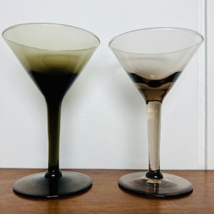 Vintage Martini Glass set of 2, smoked glass v-shaped, for cocktails, Champagne, toasts, mid century, Hollywood regency decor, gift