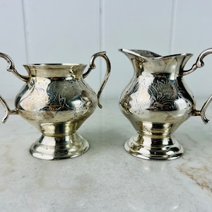 Vintage Silver Creamer and Sugar Bowl Set, Etched floral pattern, for serving tea, coffee, mid century decor, wedding silver, gift
