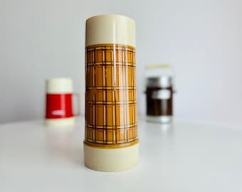 Vintage 1961 Aladdin Thermos, Brown Plaid Vacuum Bottle (32 fl oz)