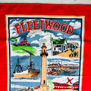 Vintage Fleetwood & Thornton Cleveleys souvenir tea towel, cotton dish towel, best friend gift kitchen decor, table linen, English tea towel