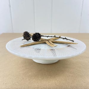 Vintage Anchor Hocking Milk Glass Pedestal Cake Stand, pressed glass, gold trim, great for cake dessert appetizers, farmhouse decor, gift