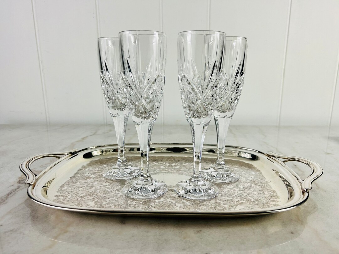 Vintage Shannon Crystal Champagne Flutes, Godinger Dublin Collection, Set of Four, Original Box
