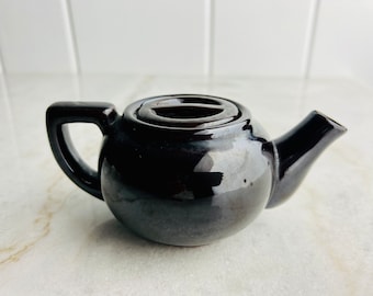 Antique Redware Teapot, Flat Lid, Black Glazed, Single Serve