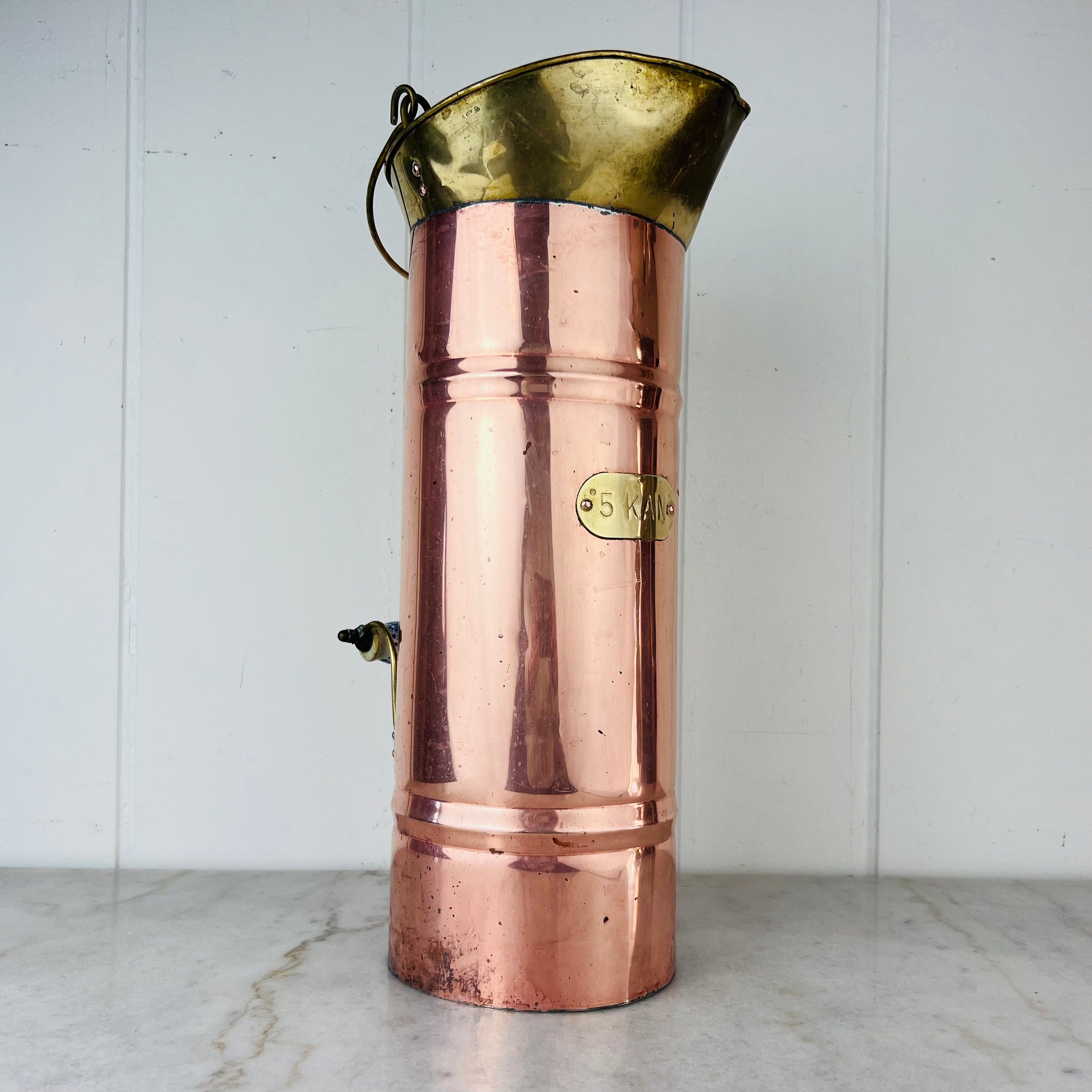 Vintage Copper Umbrella Stand, Delft Handle, Brass Scuttle, Made