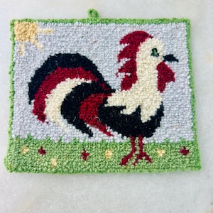 Vintage Rug Hook Trivet, Rooster Farmyard Scene, Handmade Wool Mat