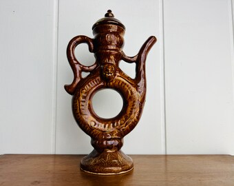 Vintage Stolichnaya Vodka Bottle, 1950s Glazed Ceramic Decanter, Bear & Man Design