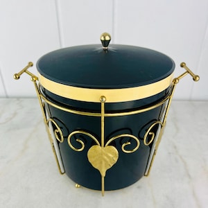 Vintage Ice Bucket, with brass stand, 1960s Thermos Model 9940, black with cream interior, Leaf and Scroll, for barware, home decor, gift