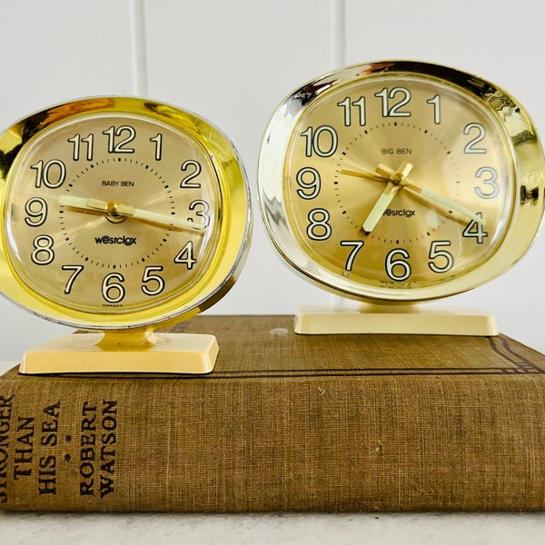 Vintage (1970s) Westclox Big Ben and Baby Ben Alarm Clock set, Squared Oval Goldtone face and frame, for mid-century decor, gift