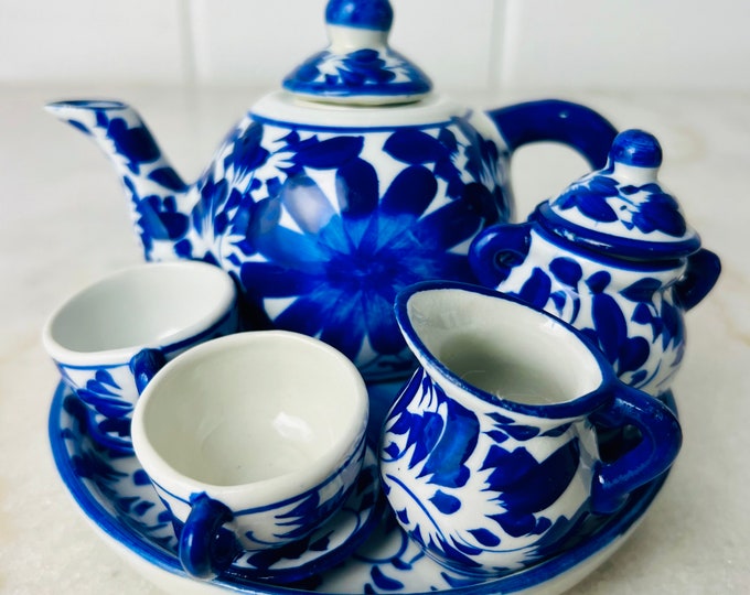 Vintage Handpainted Children's Tea Set, blue and white, perfect for tea party, pretend play, child's tea set great gift for a birthday