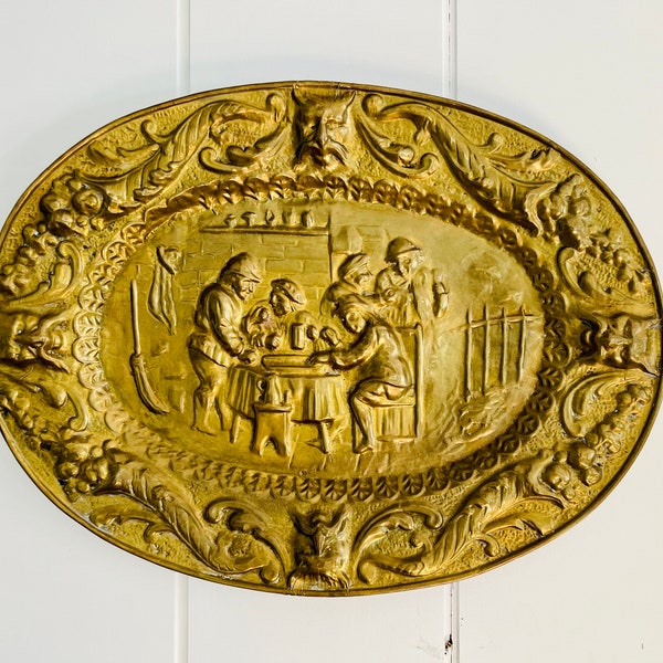 Plaque Murale Décorative Vintage En Laiton Et Bois - Scène De Taverne - Fabriquée En Angleterre