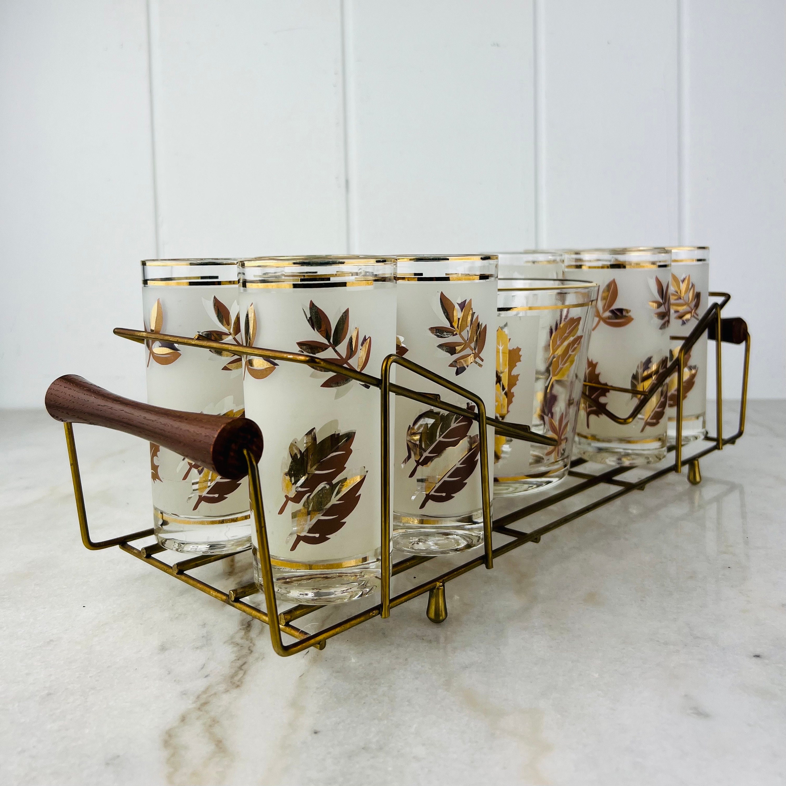 Vintage Dominion Glass Set of 8 With Caddy and Ice Bucket, Tall