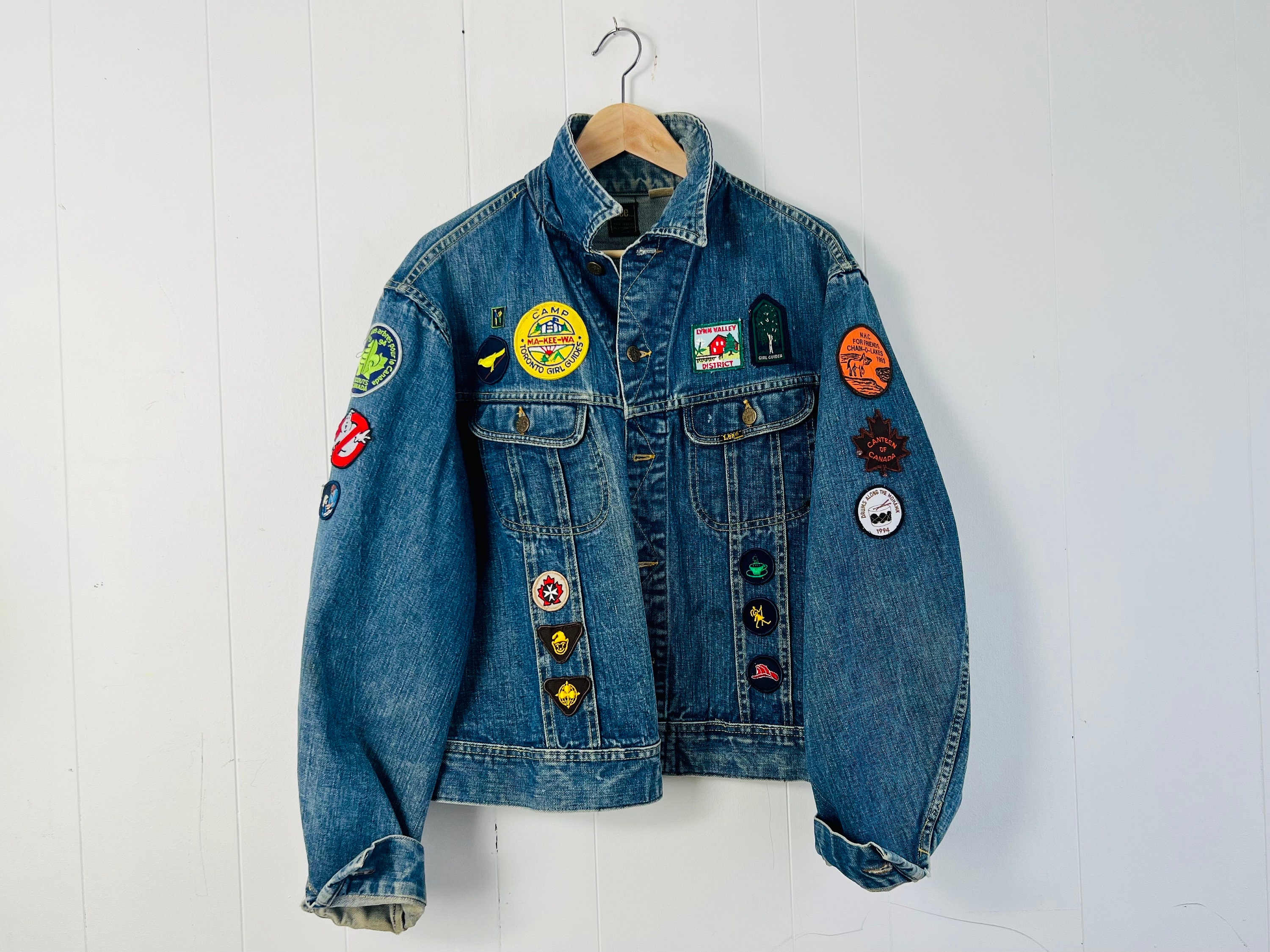 Vintage Lee Jean Jacket with vintage patches rare denim Trucker Jacket w hand picked The Guiding Force patch collection fashion gift