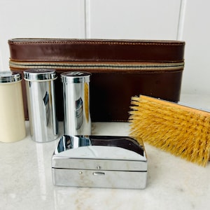 Vintage Men&#39;s Dopp Leather and Chrome Travel Toiletry Kit, with six pieces, Birks England Art Deco, for Grooming, gift for him