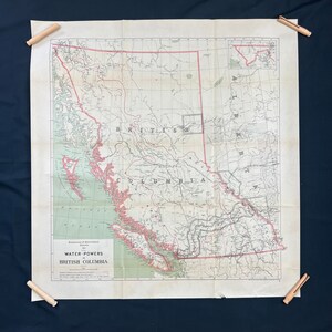 Mapa antiguo de 1911 sobre poderes hídricos en Columbia Británica de la Comisión de Conservación "Informe sobre los poderes hídricos de Canadá", arte mural sin marco