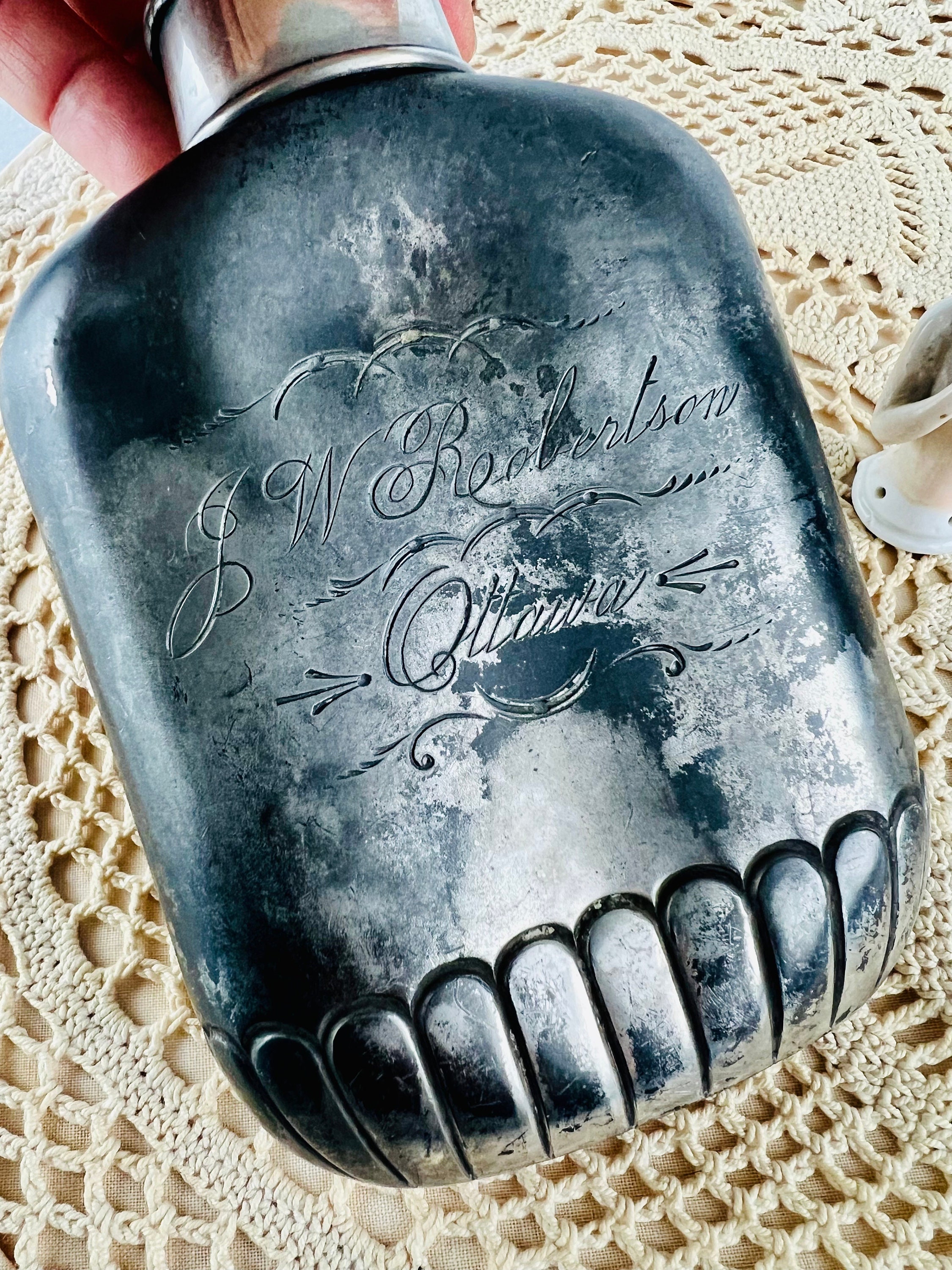 Antique Simpson Hall Miller Quadruple Plate Flask, Floral Etched