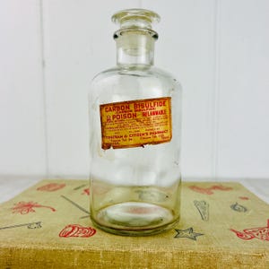 Frasco de boticario antiguo del siglo XIX con tapón, frasco de farmacia, etiqueta de bisulfuro de carbono, purgante, tratamiento de quemaduras, 500 ml, decoración vintage para el hogar