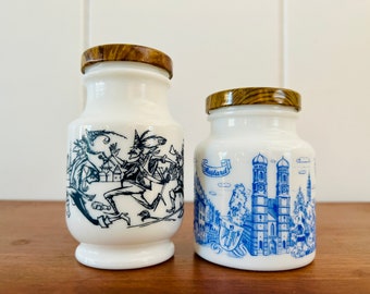 Vintage Senf Milk Glass Jar set, with wood grain metal lid, for counter storage,  collection, MCM decor