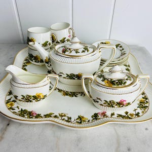 RARE Antique 1874 George Jones &#39;Blantyre&#39; tea set, 12 pc, Teapot, cups, saucers, creamer, sugar bowl + platter for wedding gift, collectible