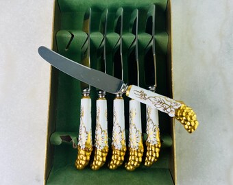 Vintage Royal Crown Derby Knives, Gold Vine Embossed China Handles