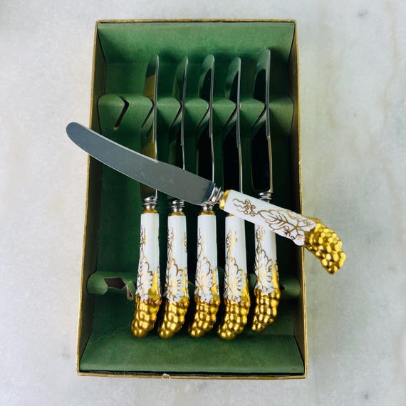 Vintage Royal Crown Derby Knives, Gold Vine Embossed China Handles