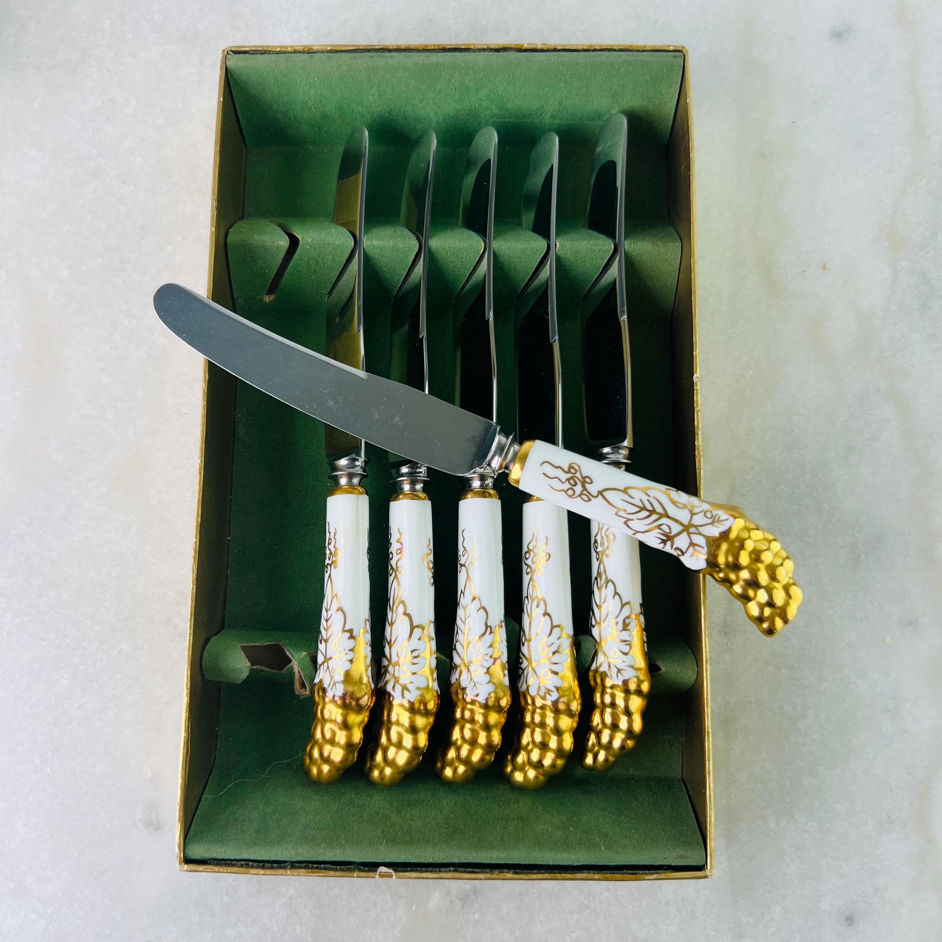 Vintage Royal Crown Derby Knives, Gold Vine Embossed China Handles