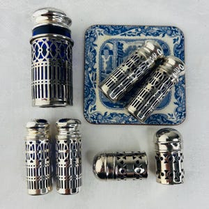 3 Sizes of Vintage Silver Plate and Cobalt Blue Glass Salt & Pepper Shakers, your choice, reticulated pierced silver, made in England, gift