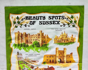 Vintage Beauty Spots of Sussex souvenir tea towel, cotton dish towel, best friend gift, kitchen decor, table linen, English tea towel