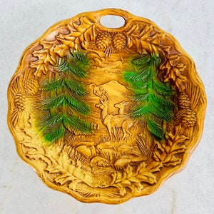 Vintage Rustic Bowl, Molded Resin Deer in Woods, nature theme, wood texture, hangs on wall for serving, cabin, farmhouse decor, gift