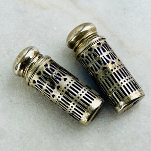 Vintage (1960s) Silver Cobalt Blue Salt Pepper Shakers reticulated pierced silver cobalt glass inserts made in England vintage kitchen