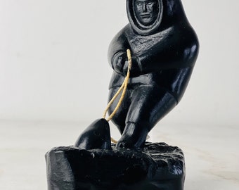 Vintage Boma Inuit Sculpture, resin cast of Inuit soapstone seal hunter, Canadian First Nations art