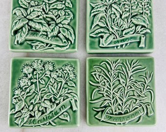 Rare Set of 4 Vintage Herb Ceramic Tiles, Embossed, from Original Style, Made in England, Sage Green, Wall decor, Kitchen home decor