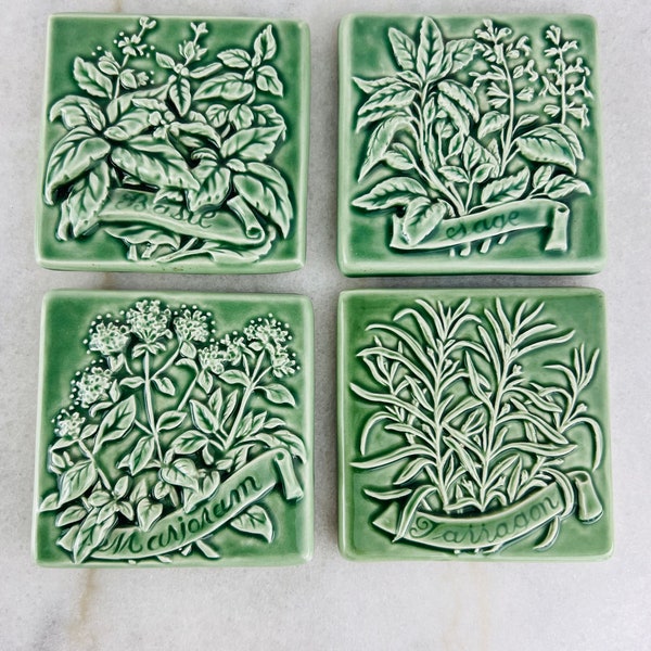 Rare Set of 4 Vintage Herb Ceramic Tiles, Embossed, from Original Style, Made in England, Sage Green, Wall decor, Kitchen home decor