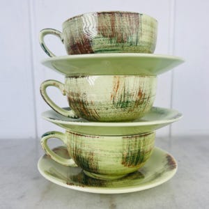Vintage Vernonware Raffia-theeset, 3 theekopjes met schotels en suikerpot, Vernon Kilns California, 1953 modern, halverwege de eeuw voor warme dranken