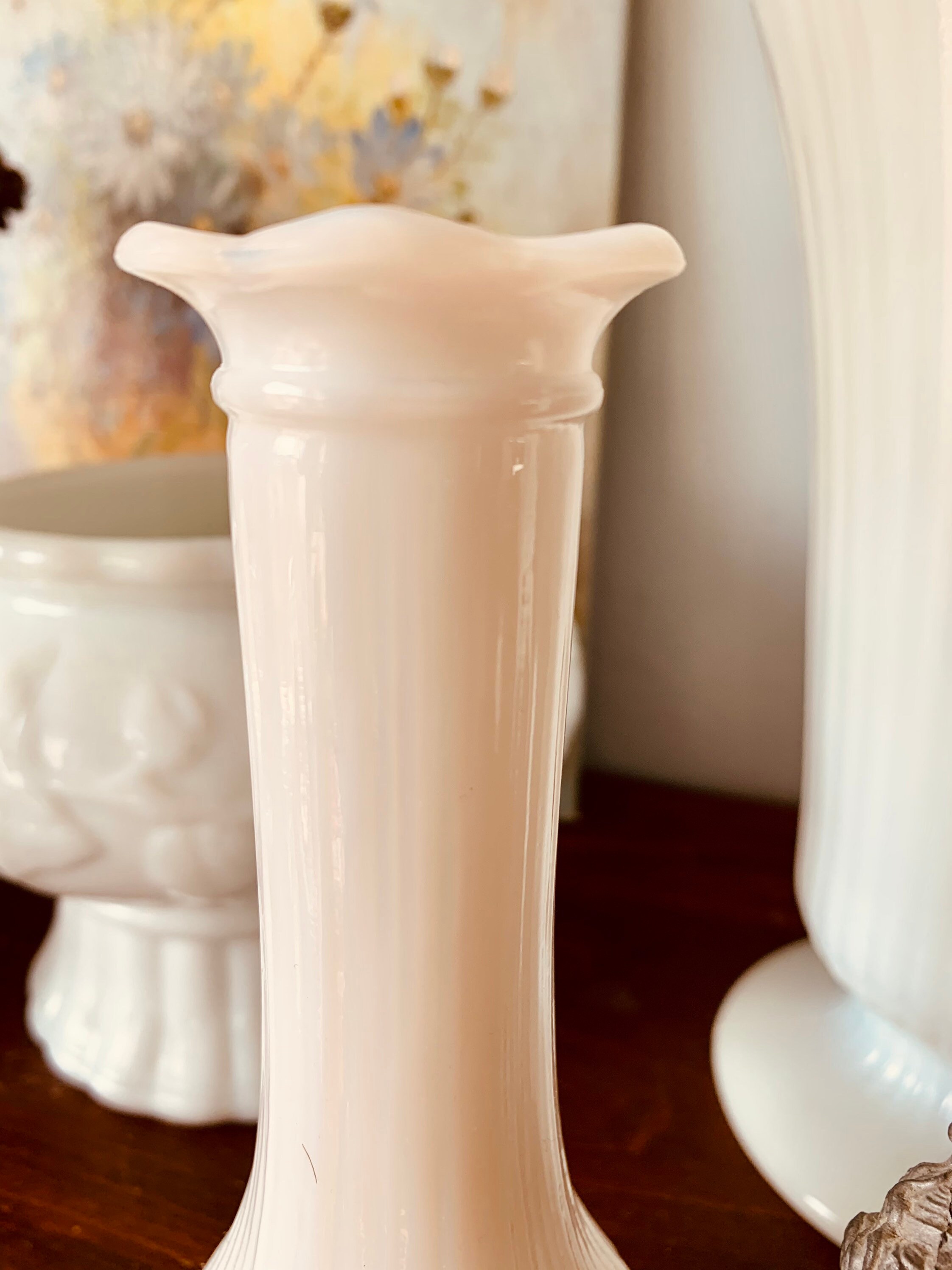 Small Milk Glass Vase Ribbed Glass Vase Ruffled Lip Rippled Etsy