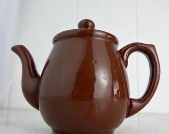 Vintage Brown Betty Teapot, Glossy Redware, Guernsey Style Farmhouse Kitchen Decor