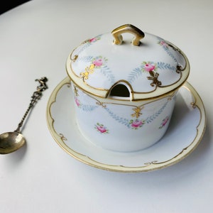 May include: A white porcelain sugar bowl with a lid and a matching saucer. The bowl and saucer are decorated with a delicate floral pattern in pink and gold. A small silver spoon is included.