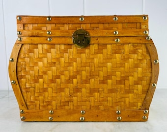 Vintage Bamboo Herringbone Trunk, Brass Studded Storage Chest