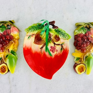 Vintage Italian Majolica Wall Decor, three pieces, ceramic wall hanging, country kitchen decor, farmhouse kitchen, housewarming gift