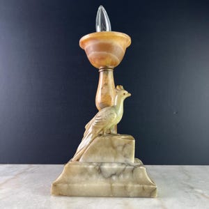 Vintage Art Deco Alabaster Bird Lamp: Italian Marble Base, Bell Shade