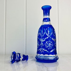 Vintage boho cut-to-clear kristallen karaf, kobaltblauw glas voor barwagen en sterke drank