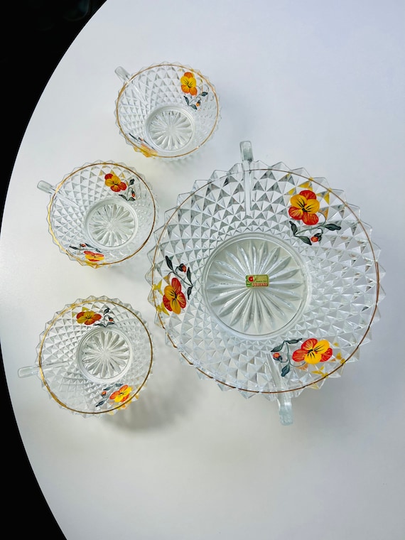 Vintage Rubiana Spa Glasschüssel Set, Diamantschliff Floral, Made in Italy