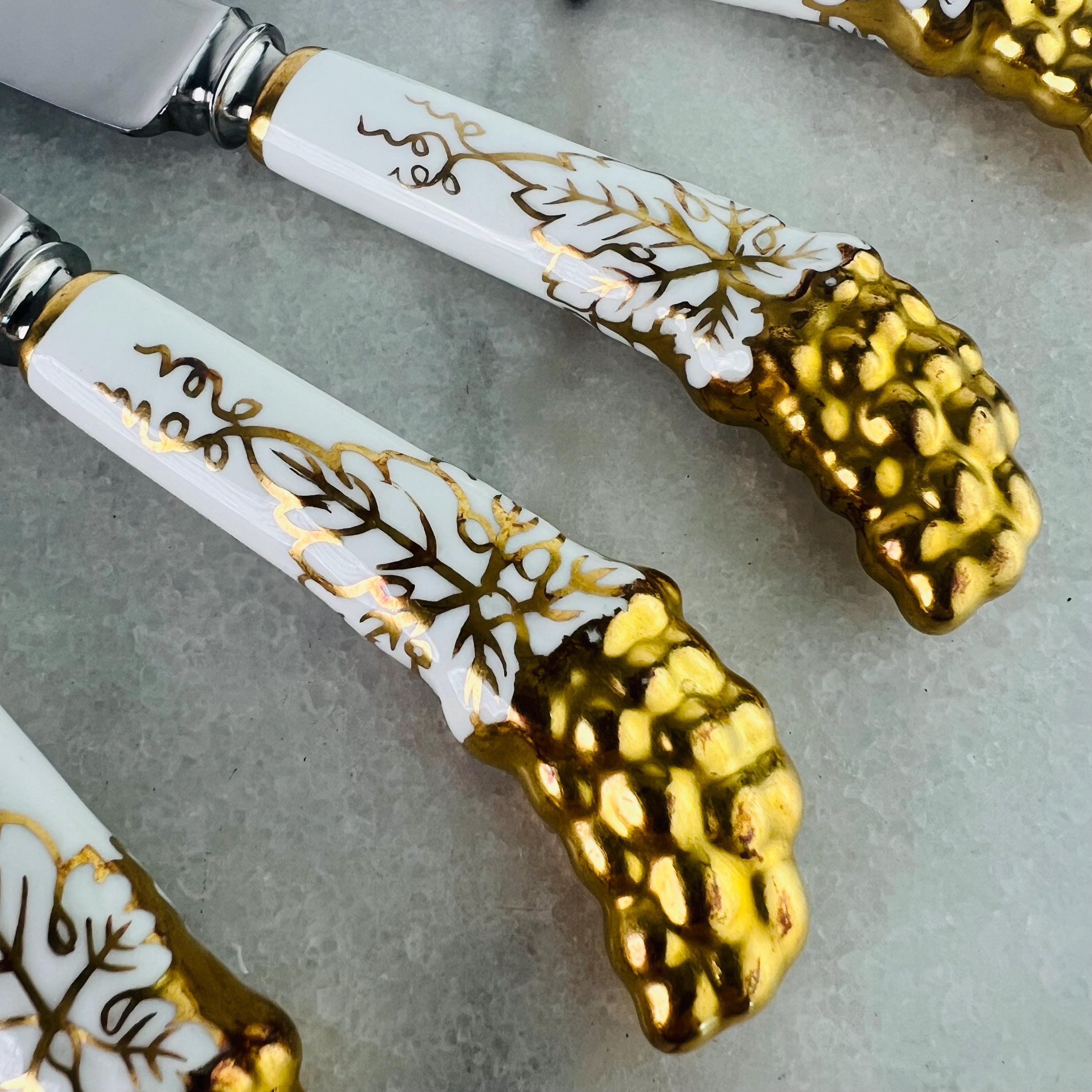 Vintage Royal Crown Derby Knives, Gold Vine Embossed China Handles